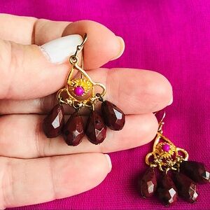 Beautiful Beaded Earrings in Gold Burgundy Beads with a Fuchsia Center Bead